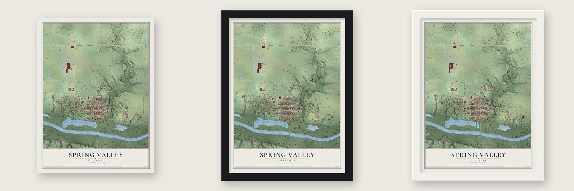 Spring Valley, Illinois map unframed, in a black wood frame and in a white wood frame