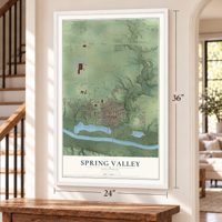 Spring Valley, Illinois map, 24 x 36 inch print in a white frame by a staircase