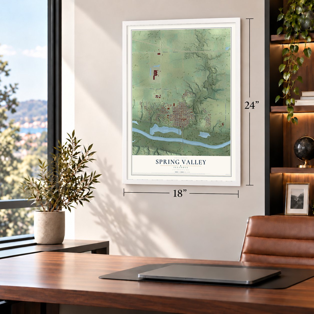 Spring Valley, Illinois map, 18 x 24 inch print in a white frame in a home office