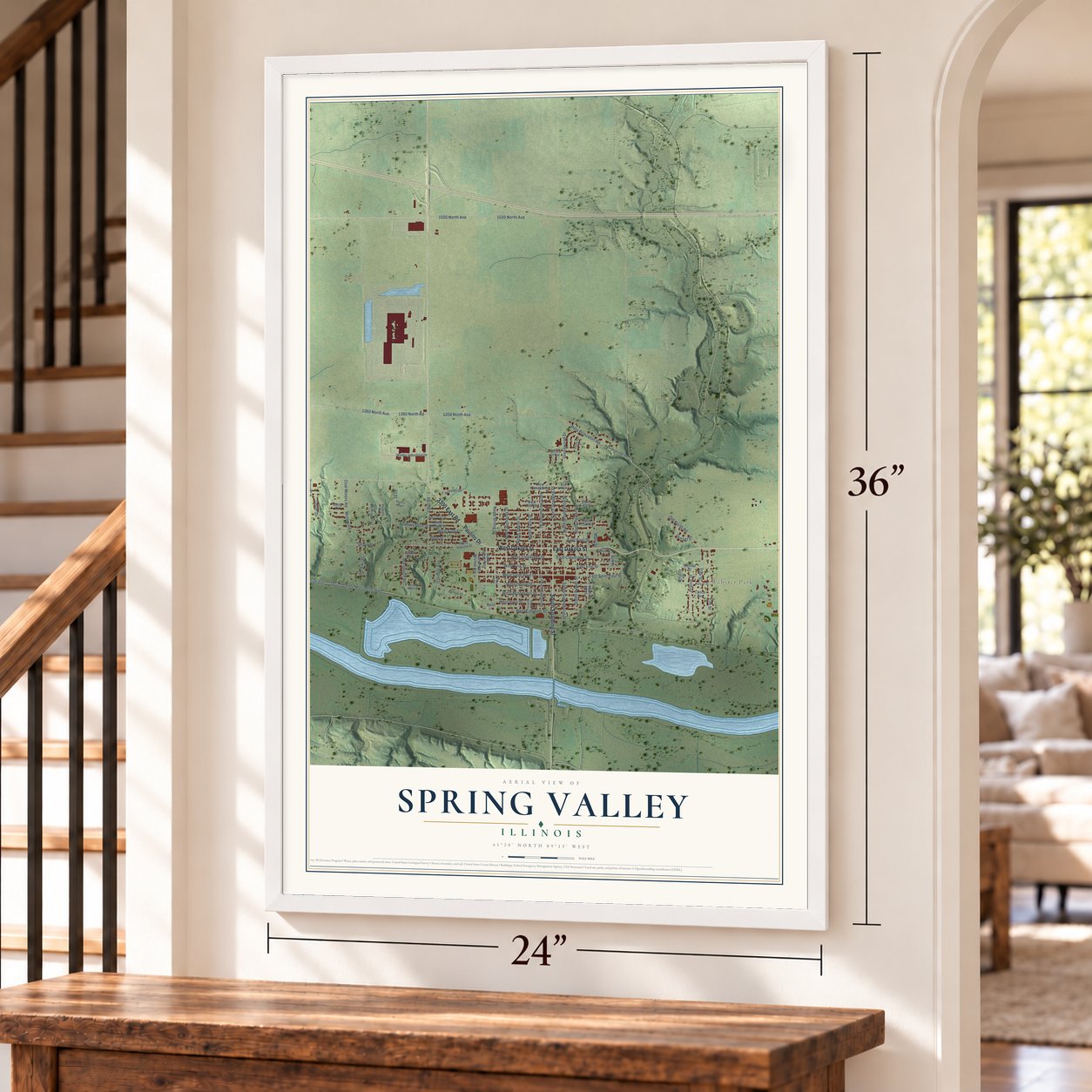 Spring Valley, Illinois map, 24 x 36 inch print in a white frame by a staircase