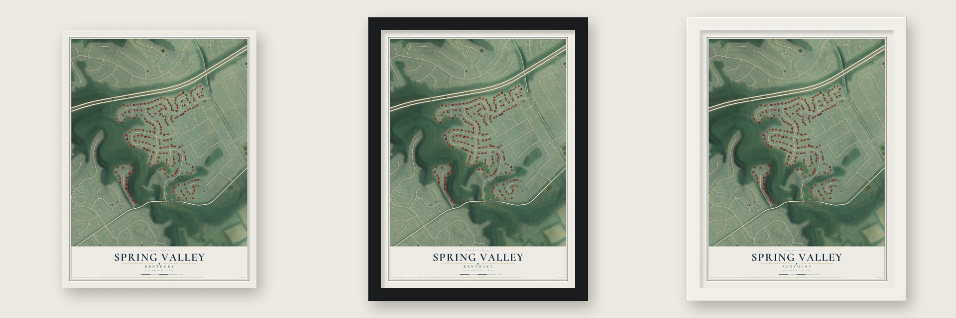 Spring Valley, Kentucky map unframed, in a black wood frame and in a white wood frame