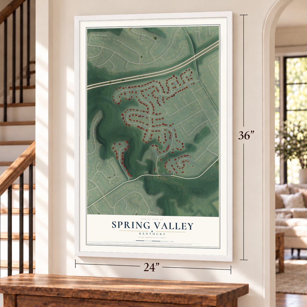 Spring Valley, Kentucky map, 24 x 36 inch print in a white frame by a staircase