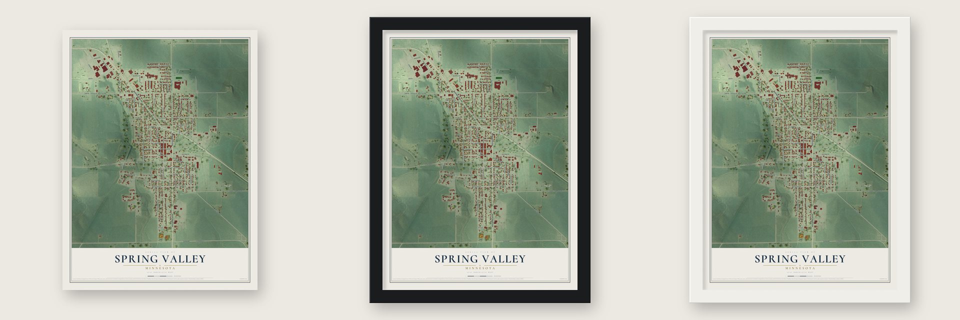 Spring Valley, Minnesota map unframed, in a black wood frame and in a white wood frame