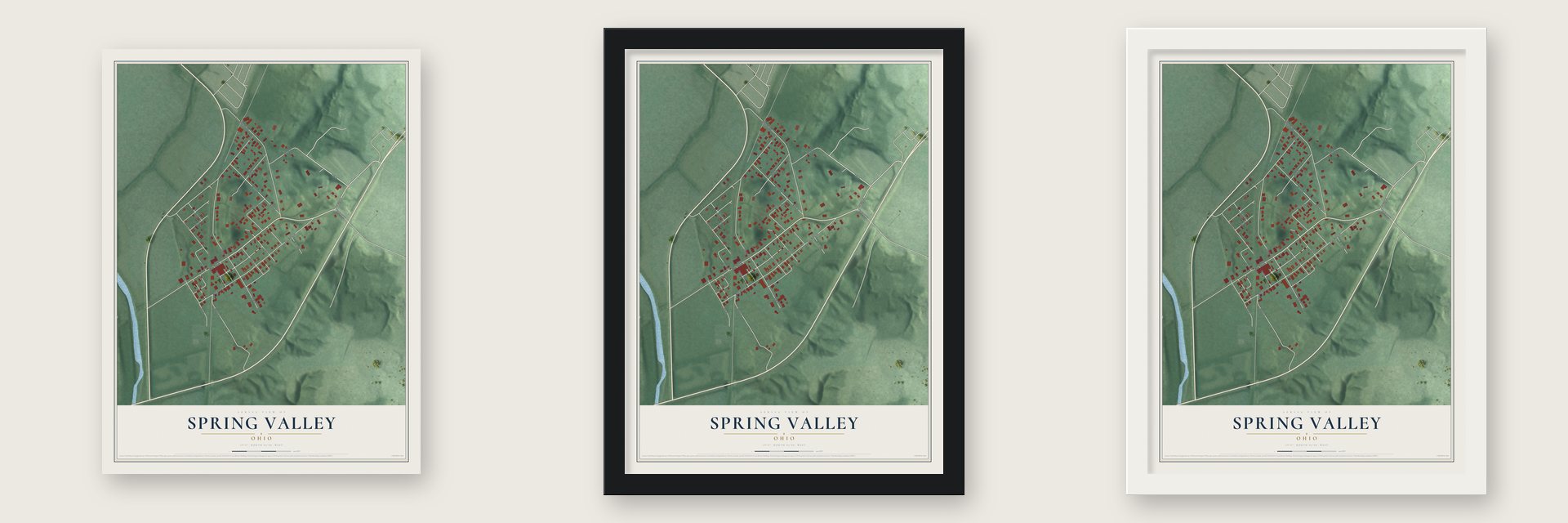 Spring Valley, Ohio map unframed, in a black wood frame and in a white wood frame