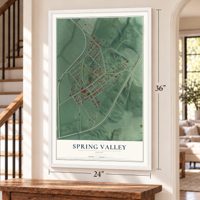 Spring Valley, Ohio map, 24 x 36 inch print in a white frame by a staircase