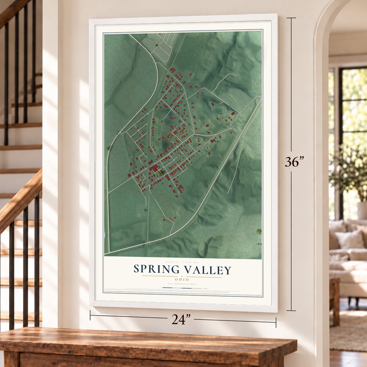 Spring Valley, Ohio map, 24 x 36 inch print in a white frame by a staircase