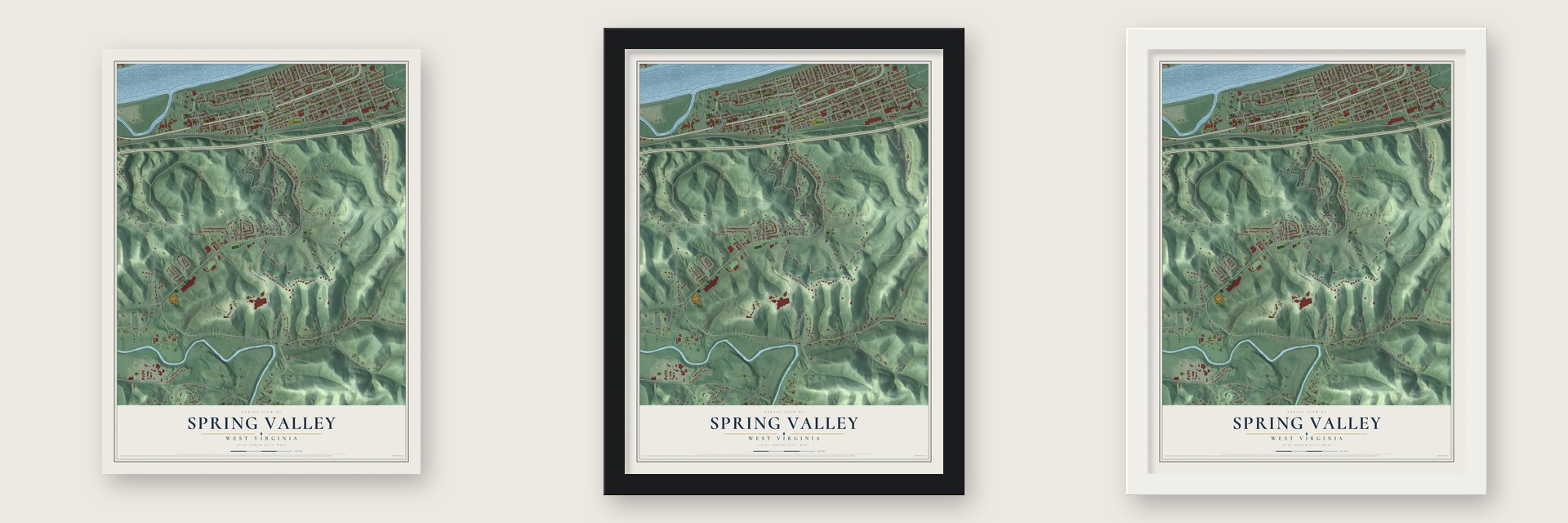 Spring Valley, West Virginia map unframed, in a black wood frame and in a white wood frame