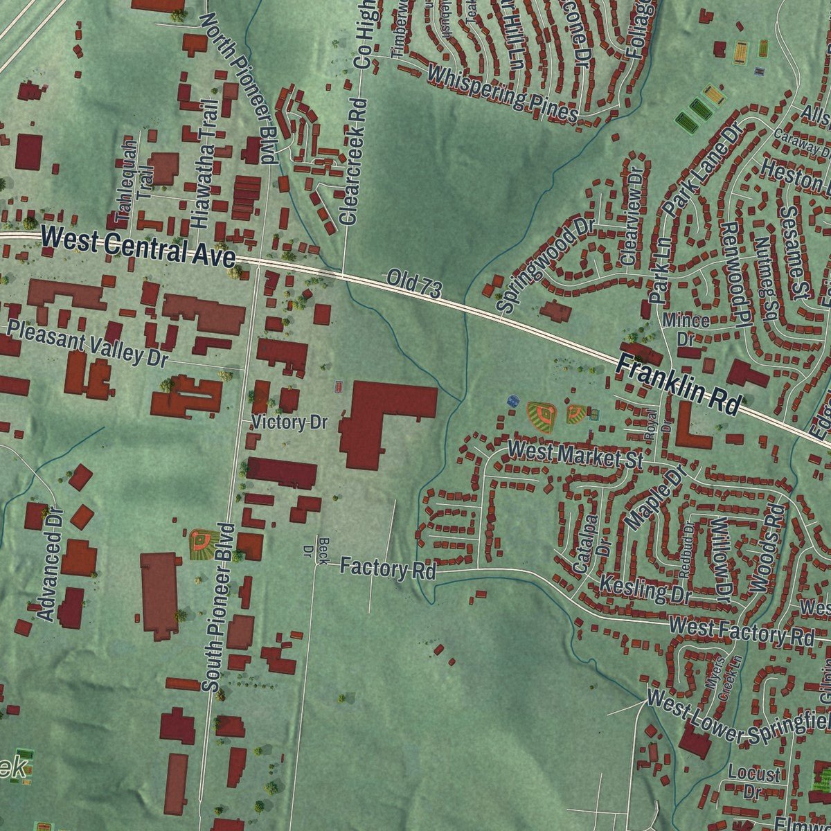 Second close-up of the map of Springboro, Ohio print showing more streets and buildings