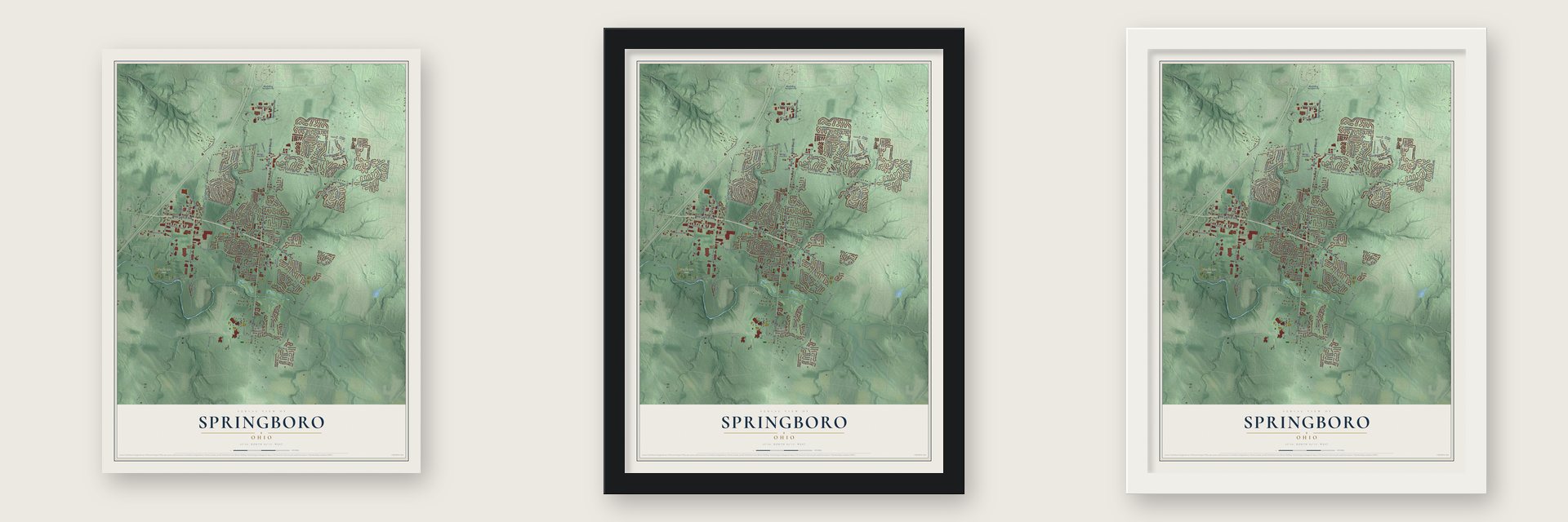Springboro, Ohio map unframed, in a black wood frame and in a white wood frame