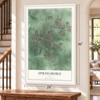 Springboro, Ohio map, 24 x 36 inch print in a white frame by a staircase