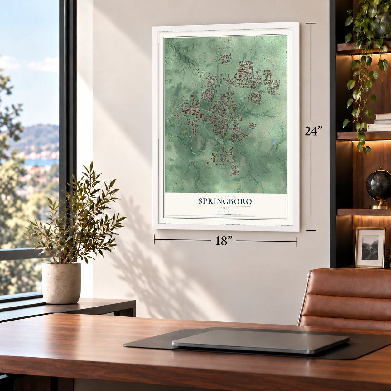 Springboro, Ohio map, 18 x 24 inch print in a white frame in a home office
