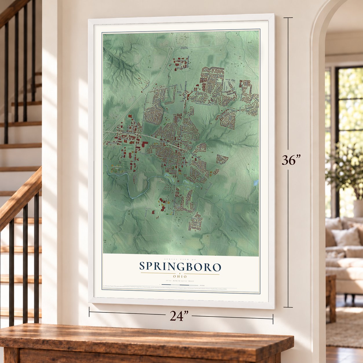 Springboro, Ohio map, 24 x 36 inch print in a white frame by a staircase