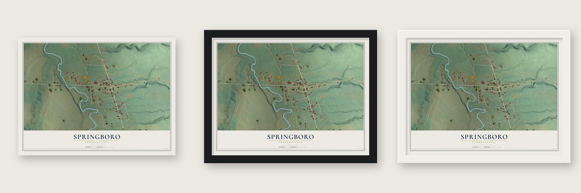Springboro, Pennsylvania map unframed, in a black wood frame and in a white wood frame