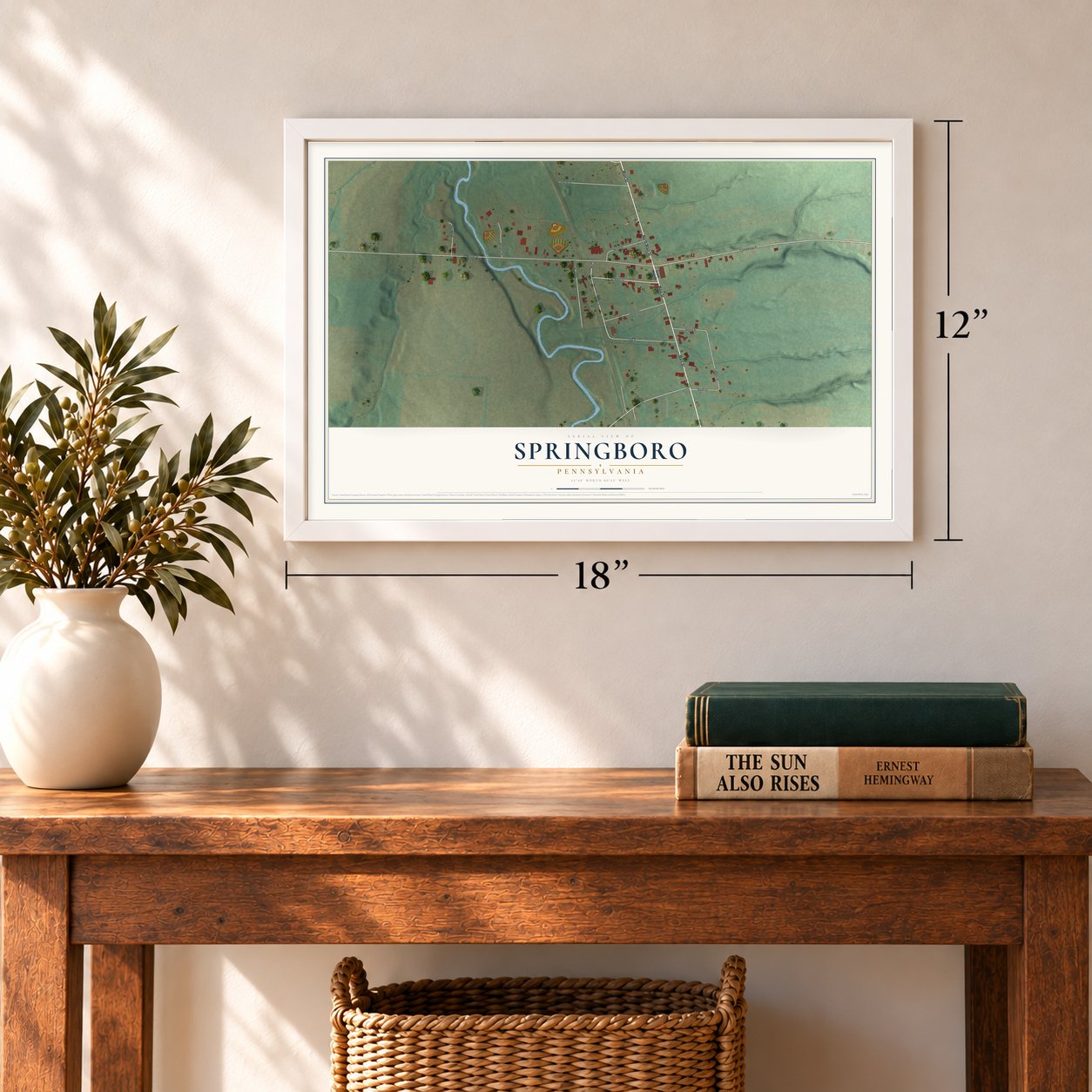 Springboro, Pennsylvania map, 12 x 18 inch print in a white frame in an entryway