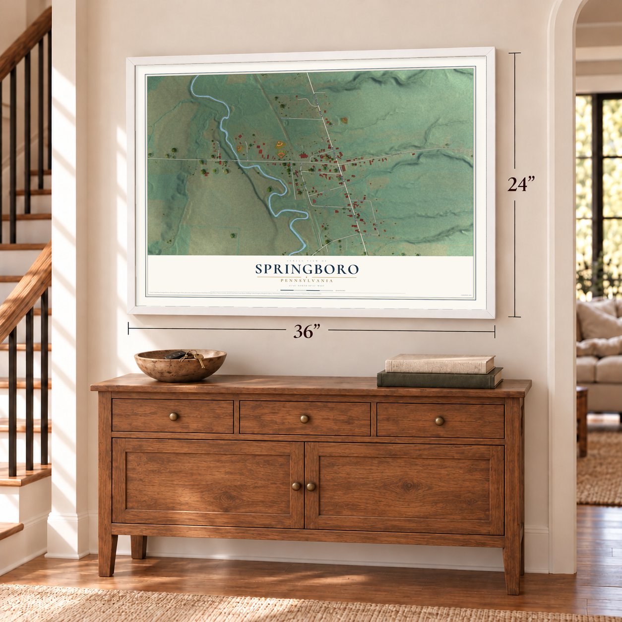 Springboro, Pennsylvania map, 24 x 36 inch print in a white frame above a dresser by a staircase