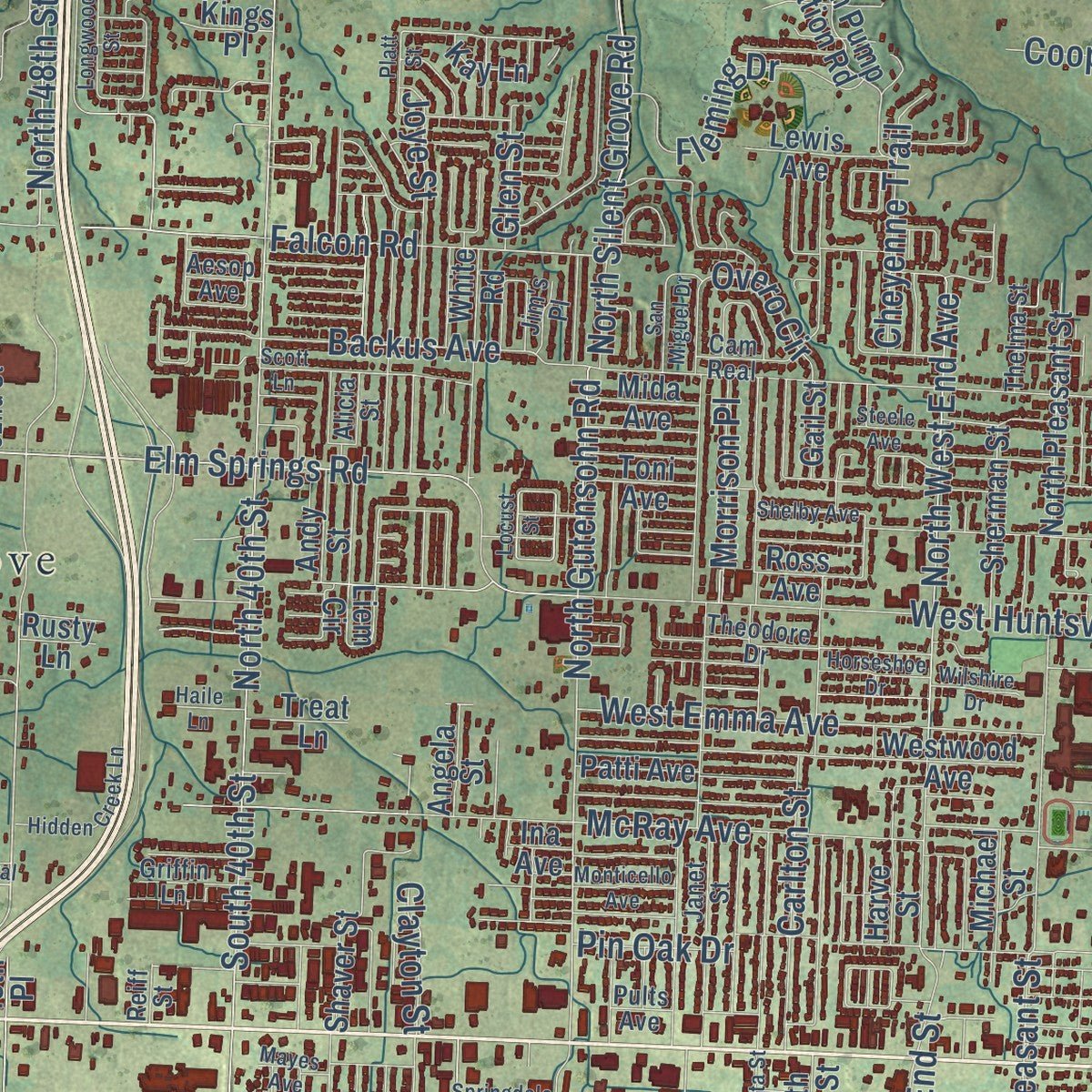 Second close-up of the map of Springdale, Arkansas print showing more streets and buildings