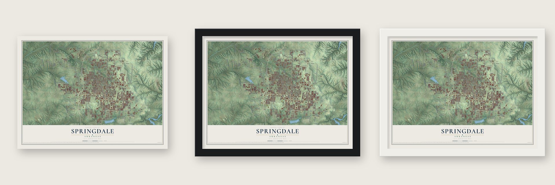 Springdale, Arkansas map unframed, in a black wood frame and in a white wood frame