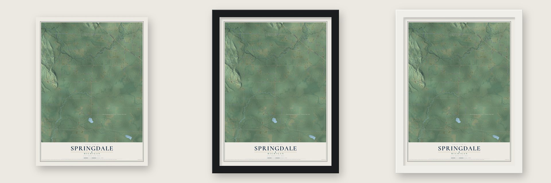 Springdale, Michigan map unframed, in a black wood frame and in a white wood frame