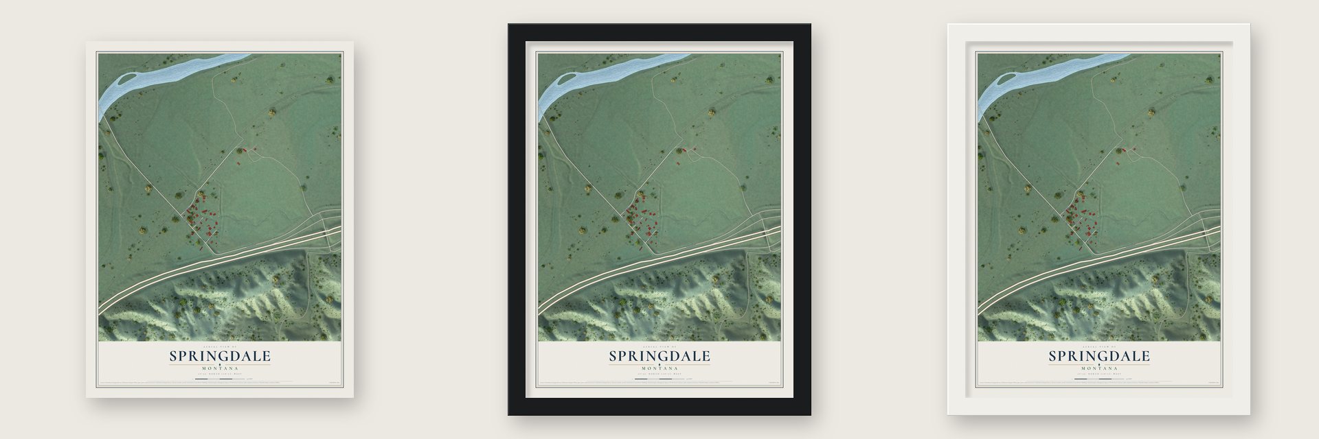 Springdale, Montana map unframed, in a black wood frame and in a white wood frame