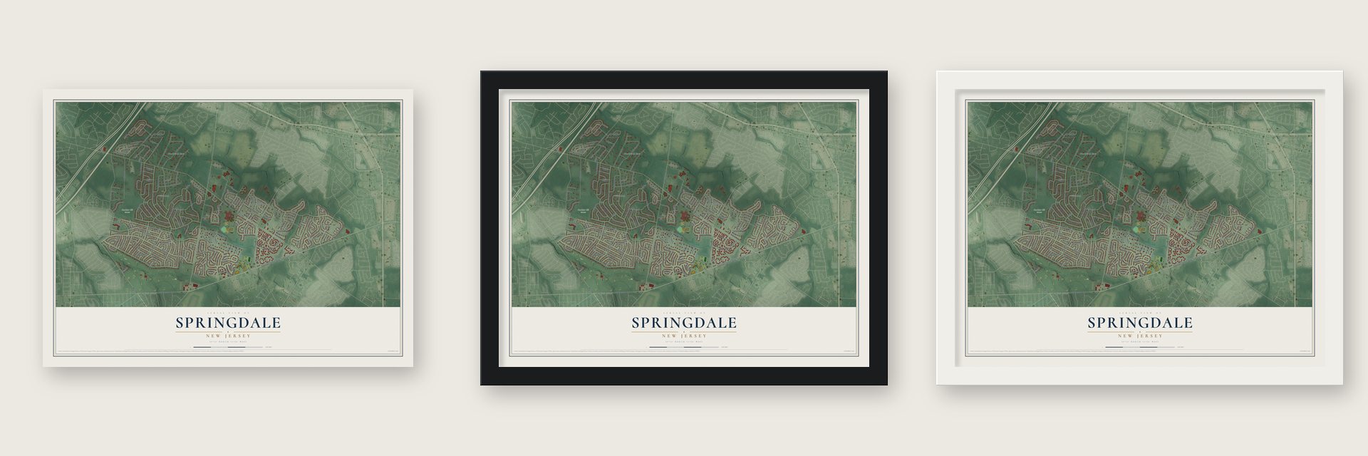 Springdale, New Jersey map unframed, in a black wood frame and in a white wood frame