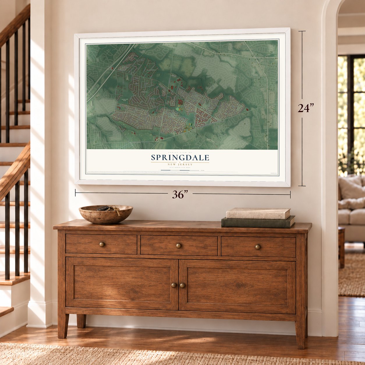 Springdale, New Jersey map, 24 x 36 inch print in a white frame above a dresser by a staircase