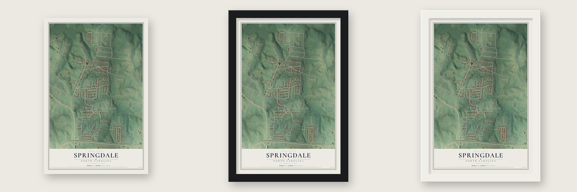 Springdale, North Carolina map unframed, in a black wood frame and in a white wood frame