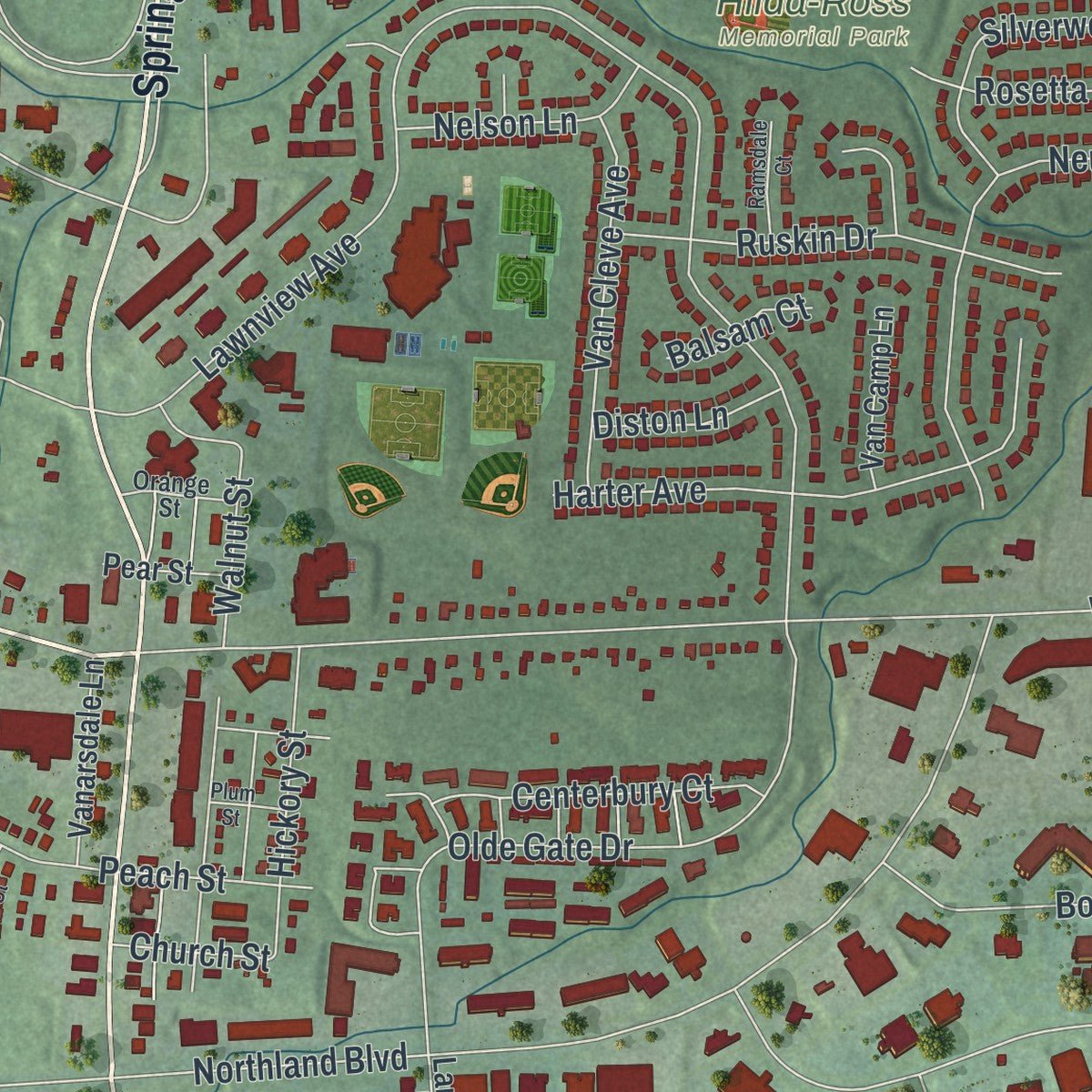 Second close-up of the map of Springdale, Ohio print showing more streets and buildings