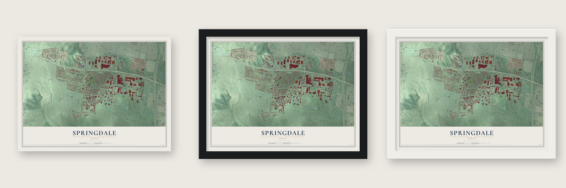 Springdale, Ohio map unframed, in a black wood frame and in a white wood frame