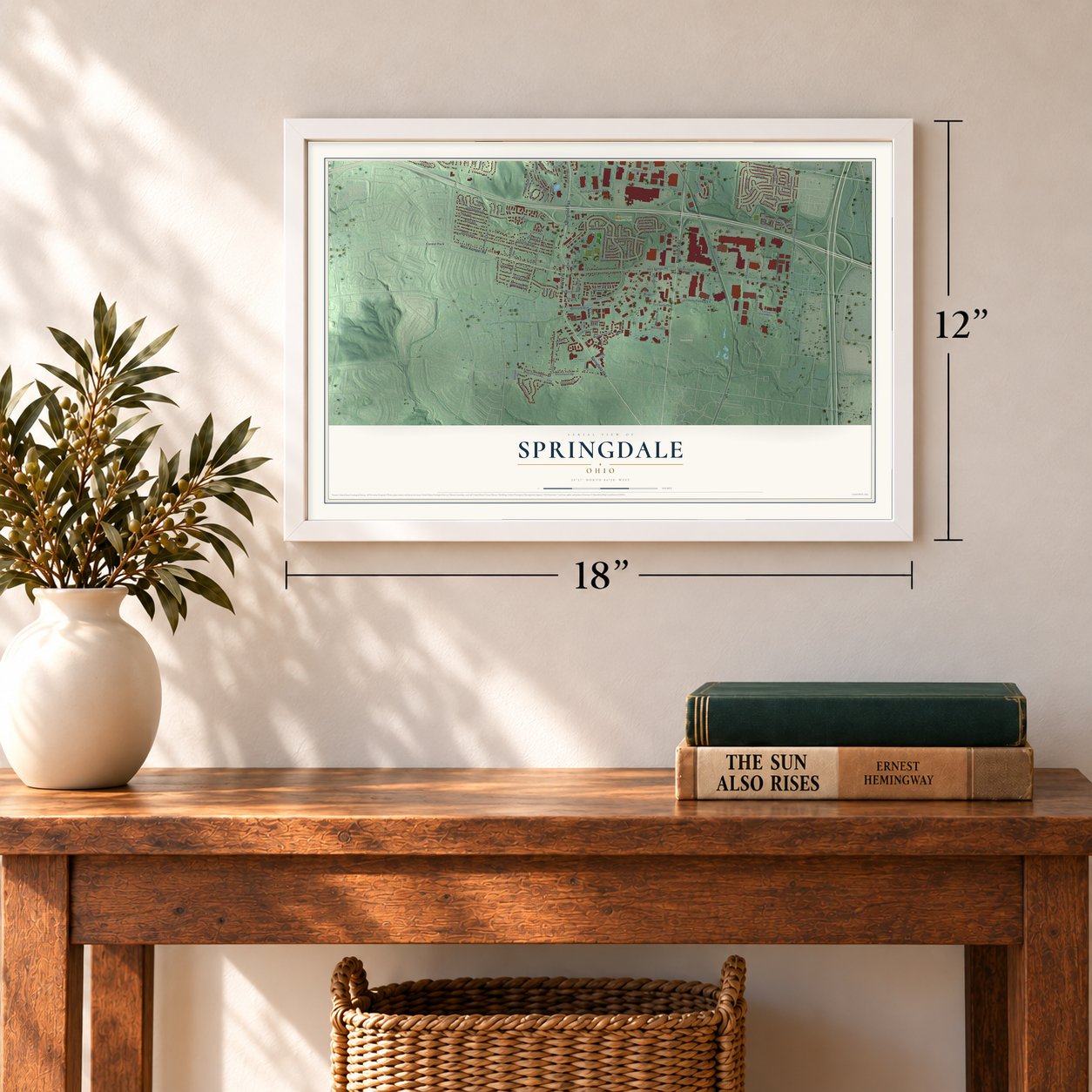 Springdale, Ohio map, 12 x 18 inch print in a white frame in an entryway