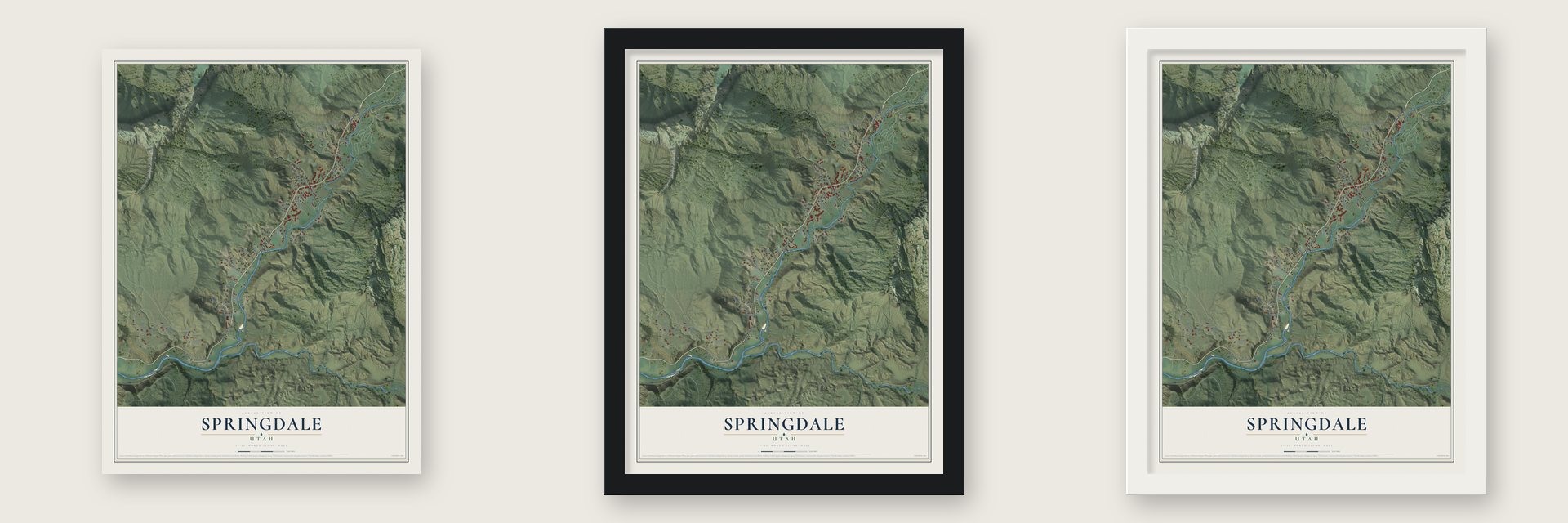 Springdale, Utah map unframed, in a black wood frame and in a white wood frame