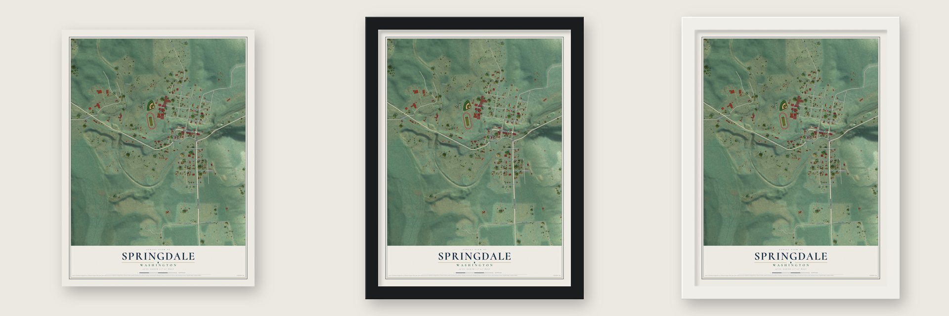 Springdale, Washington map unframed, in a black wood frame and in a white wood frame