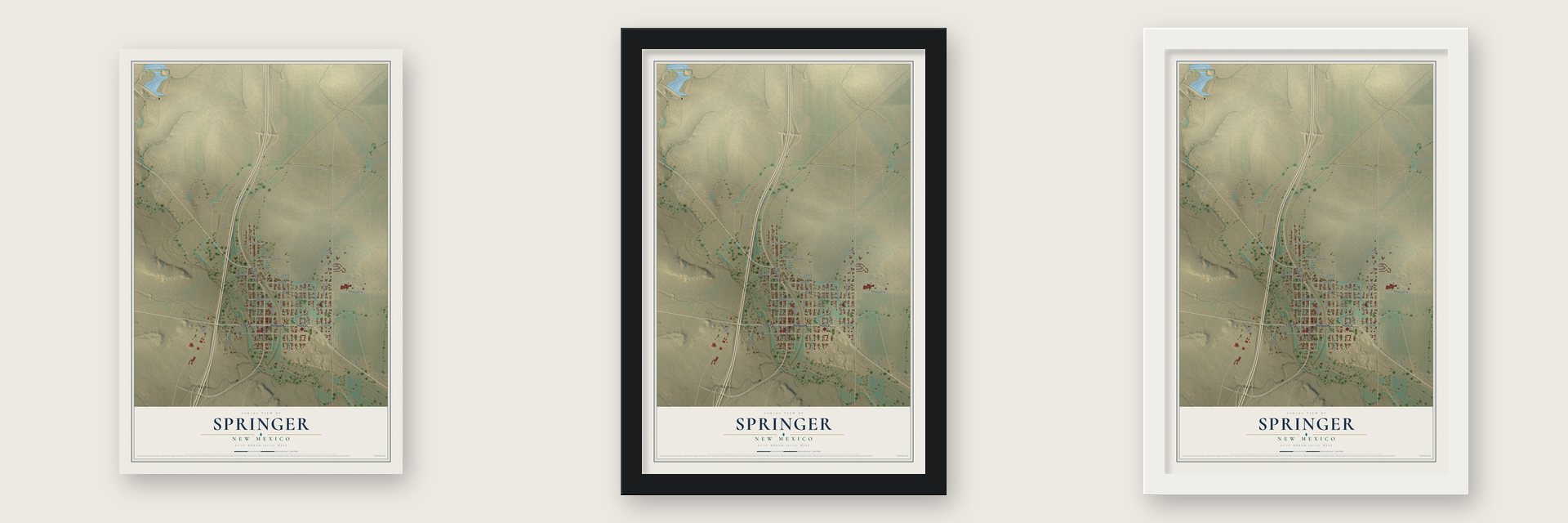 Springer, New Mexico map unframed, in a black wood frame and in a white wood frame
