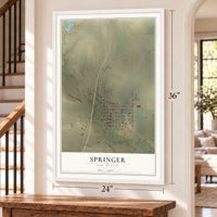 Springer, New Mexico map, 24 x 36 inch print in a white frame by a staircase