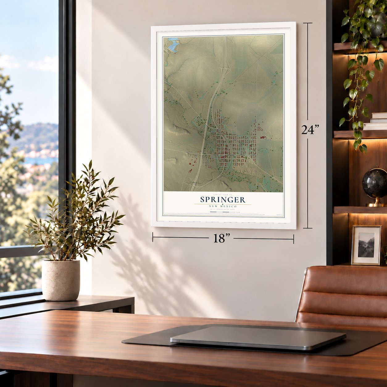 Springer, New Mexico map, 18 x 24 inch print in a white frame in a home office