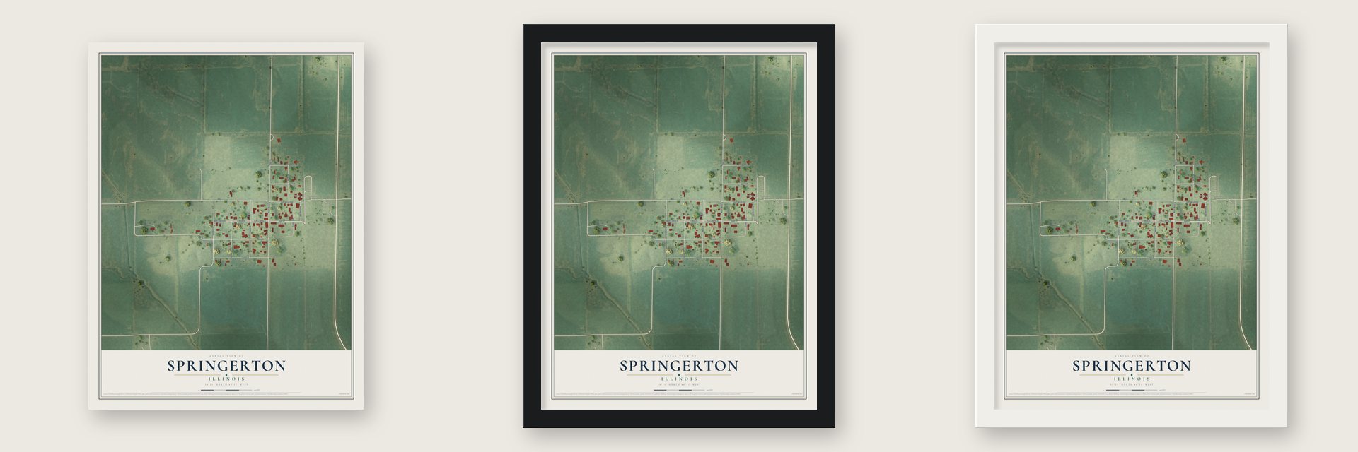 Springerton, Illinois map unframed, in a black wood frame and in a white wood frame