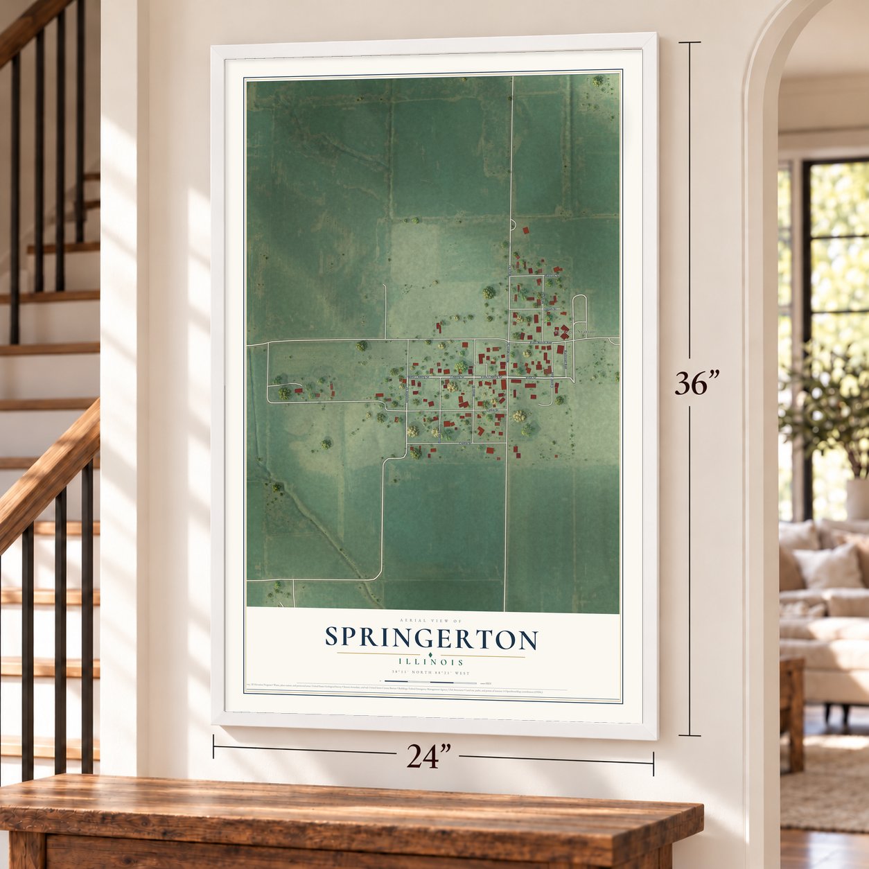 Springerton, Illinois map, 24 x 36 inch print in a white frame by a staircase