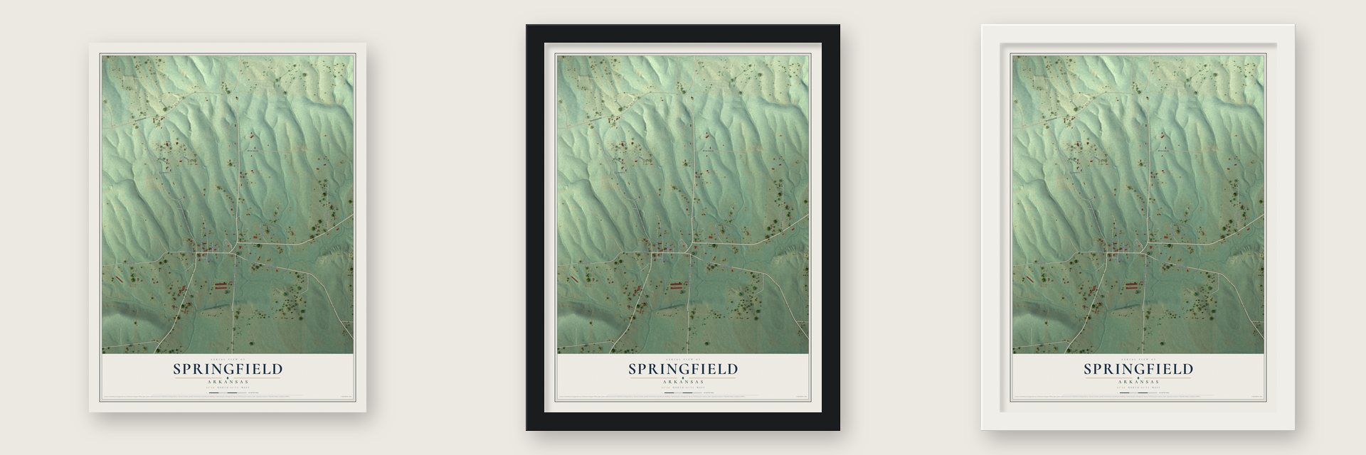 Springfield, Arkansas map unframed, in a black wood frame and in a white wood frame