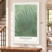 Springfield, Arkansas map, 24 x 36 inch print in a white frame by a staircase