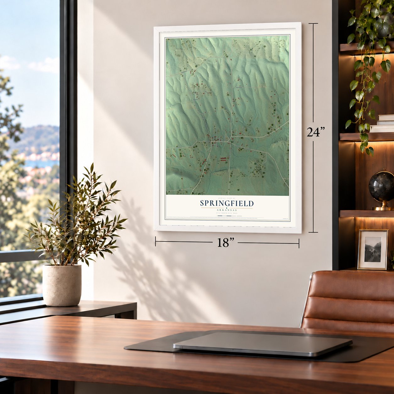 Springfield, Arkansas map, 18 x 24 inch print in a white frame in a home office