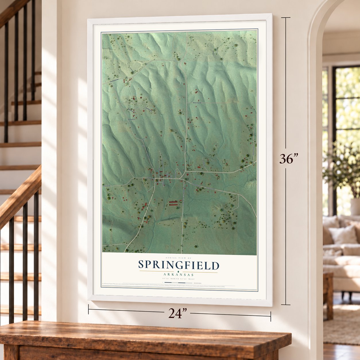 Springfield, Arkansas map, 24 x 36 inch print in a white frame by a staircase