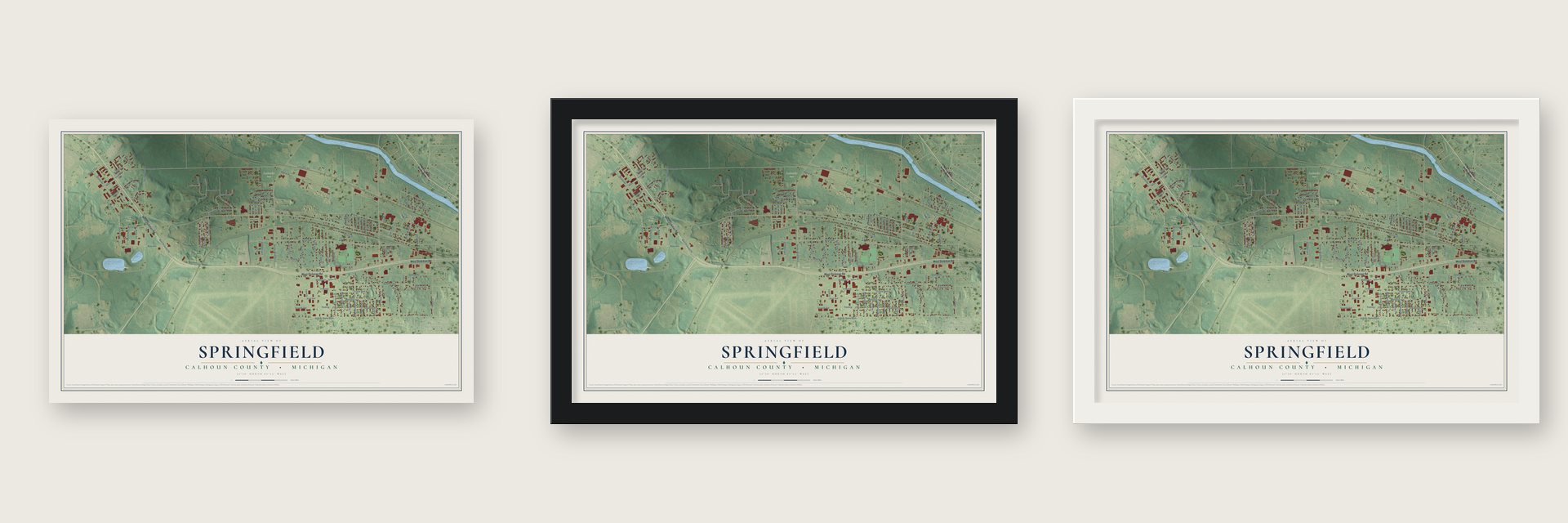 Springfield, Calhoun County, Michigan map unframed, in a black wood frame and in a white wood frame