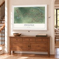 Springfield, Calhoun County, Michigan map, 24 x 36 inch print in a white frame above a dresser by a staircase