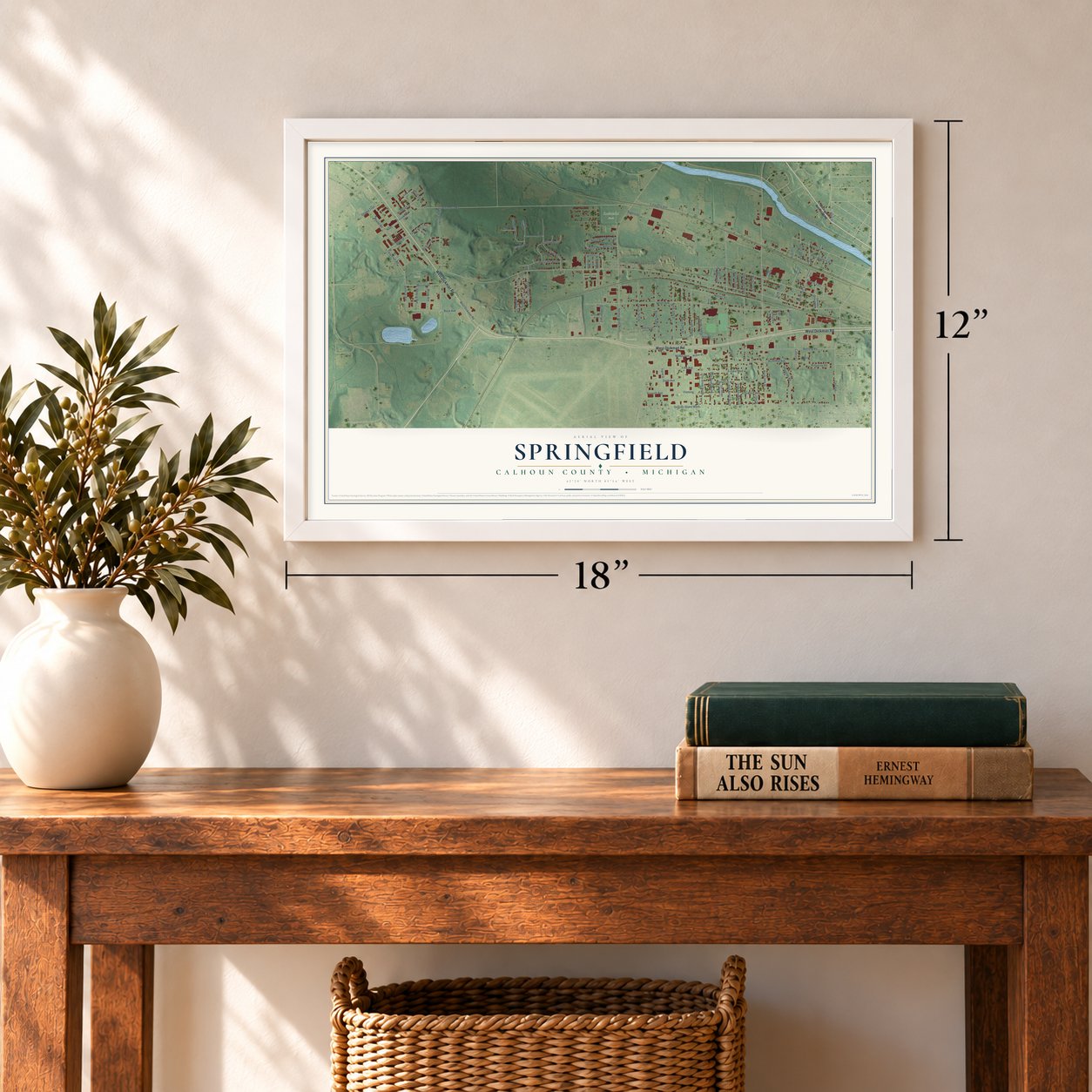 Springfield, Calhoun County, Michigan map, 12 x 18 inch print in a white frame in an entryway