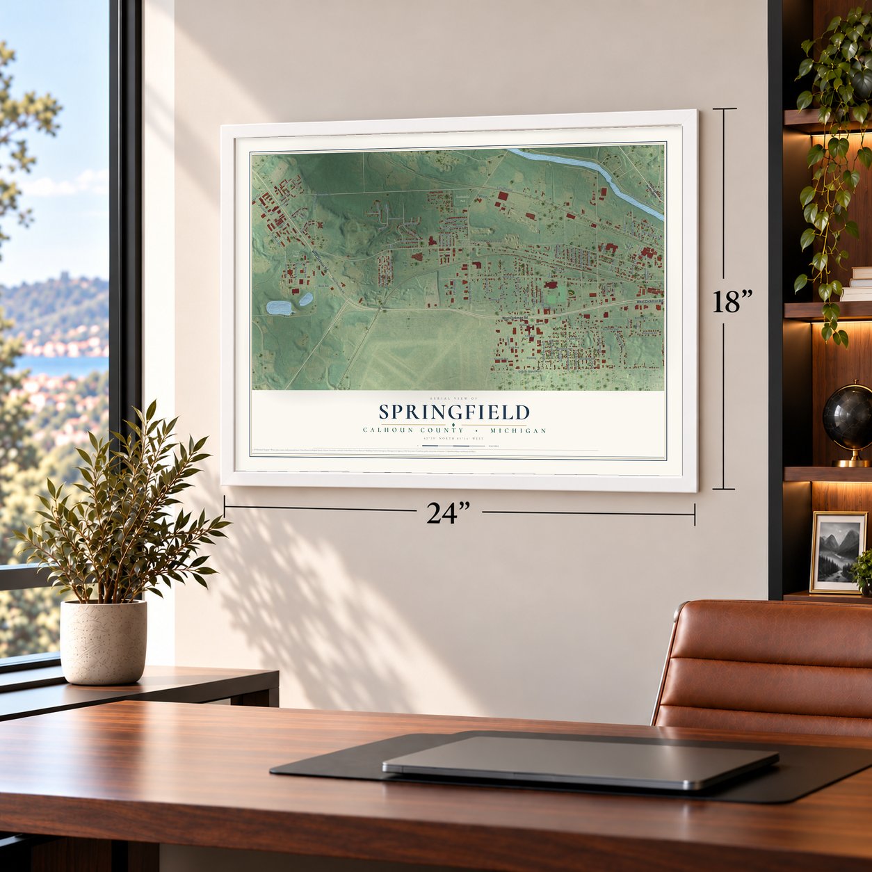 Springfield, Calhoun County, Michigan map, 18 x 24 inch print in a white frame in a home office