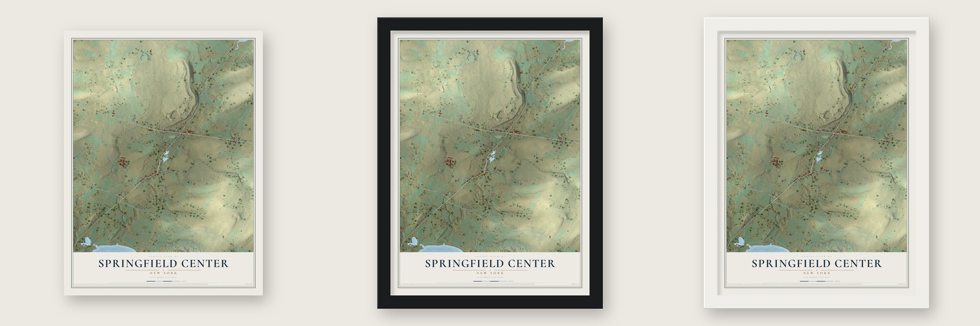 Springfield Center, New York map unframed, in a black wood frame and in a white wood frame