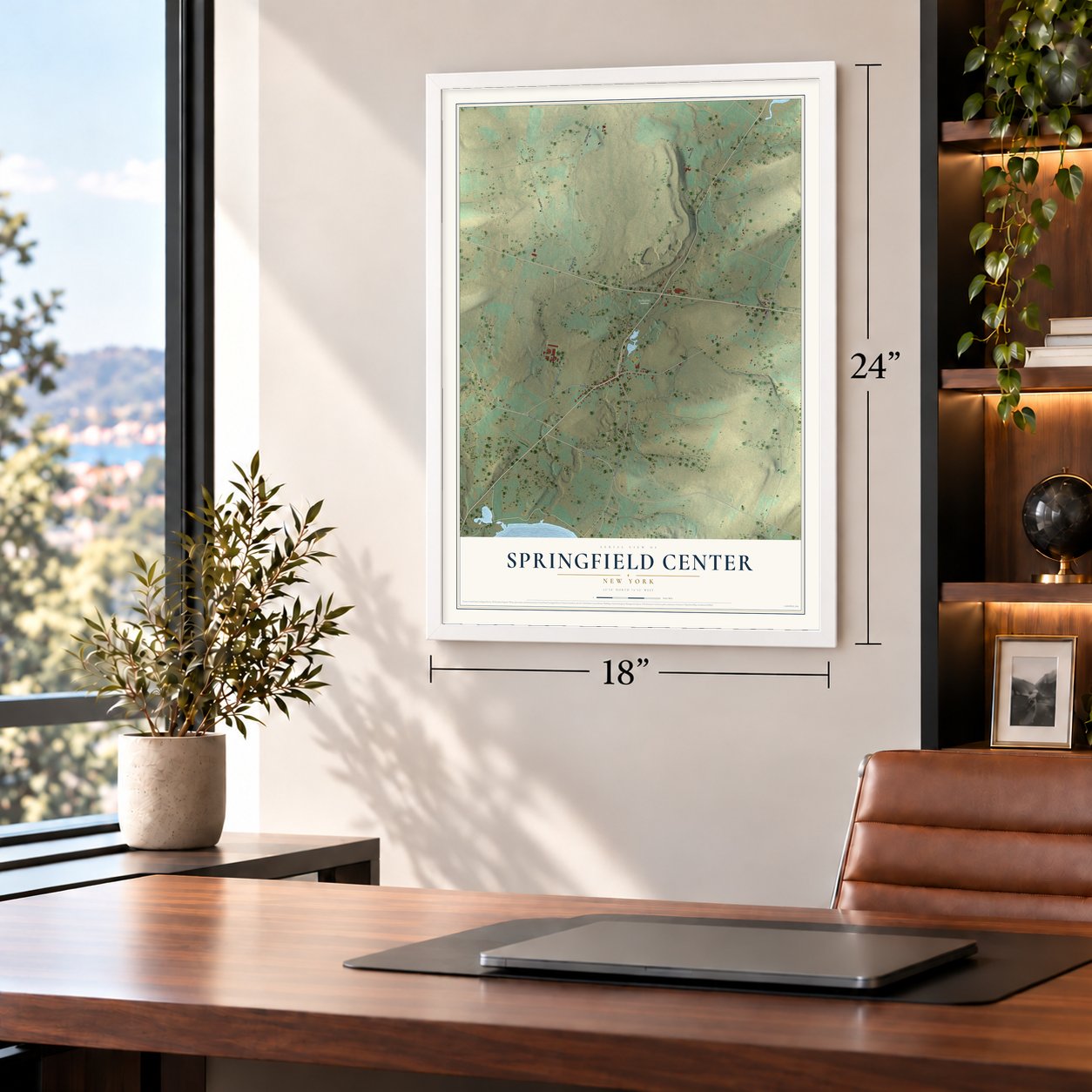 Springfield Center, New York map, 18 x 24 inch print in a white frame in a home office