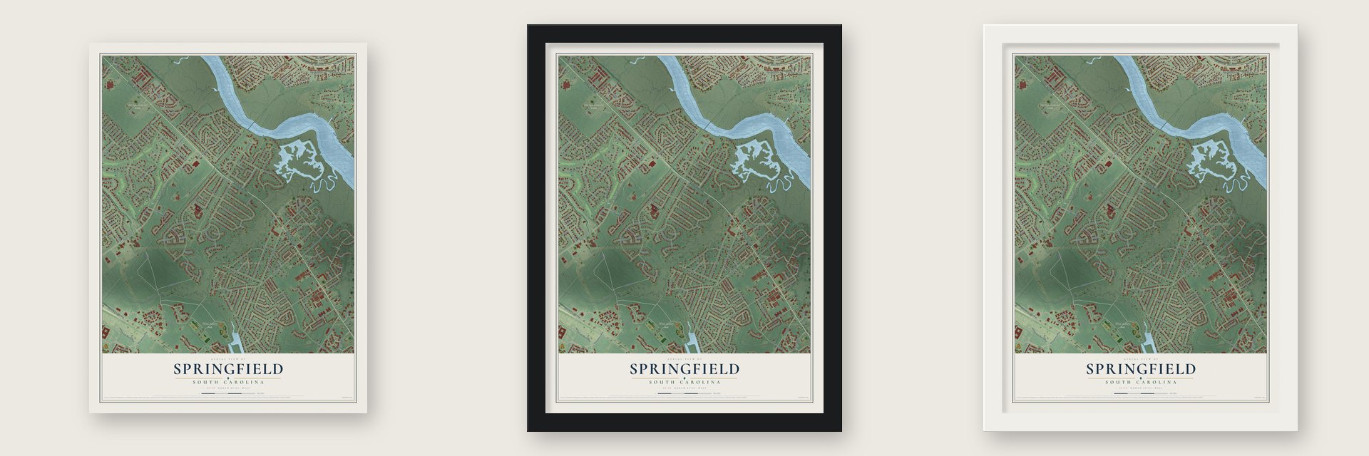 Springfield, Charleston County, South Carolina map unframed, in a black wood frame and in a white wood frame