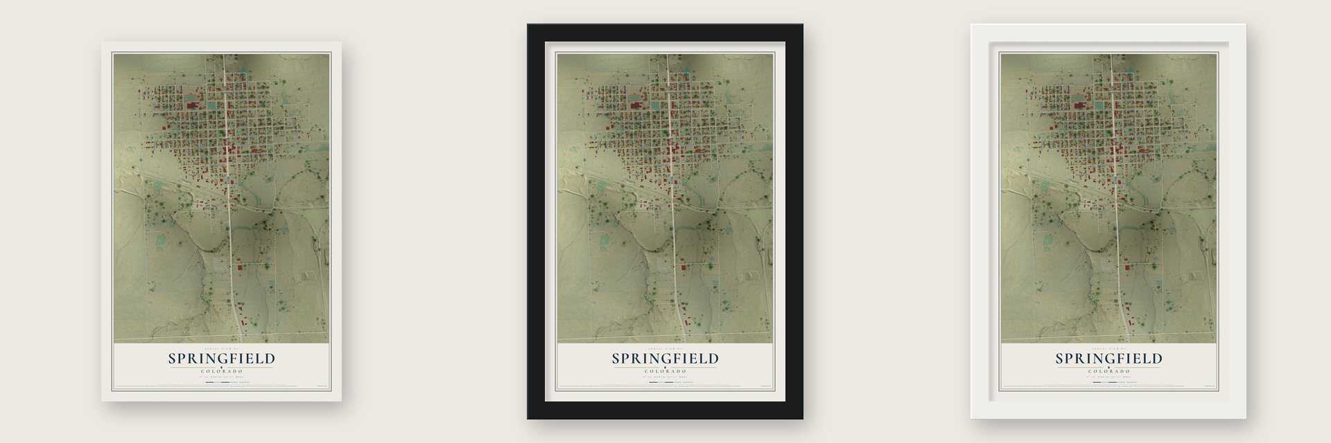 Springfield, Colorado map unframed, in a black wood frame and in a white wood frame