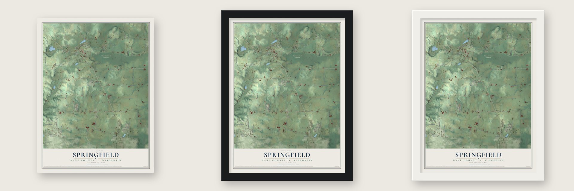 Springfield, Dane County, Wisconsin map unframed, in a black wood frame and in a white wood frame