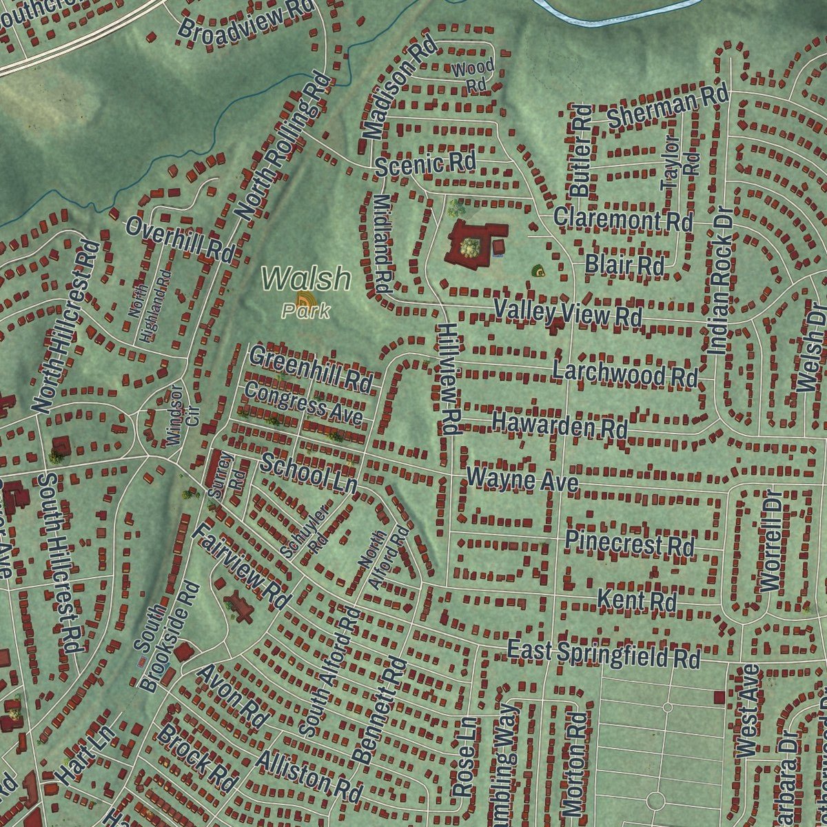 Second close-up of the map of Springfield, Delaware County, Pennsylvania print showing more streets and buildings